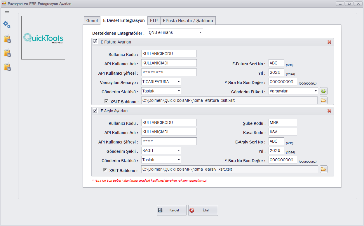 QuickTools e-Fatura ve e-Arşiv ayarları ekranı
