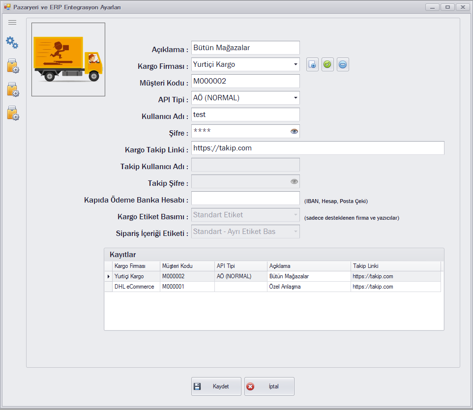 QuickTools kargo ayarları ekranı