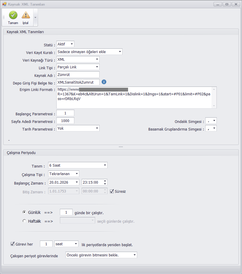 QuickTools kaynak XML tanımı ekranı