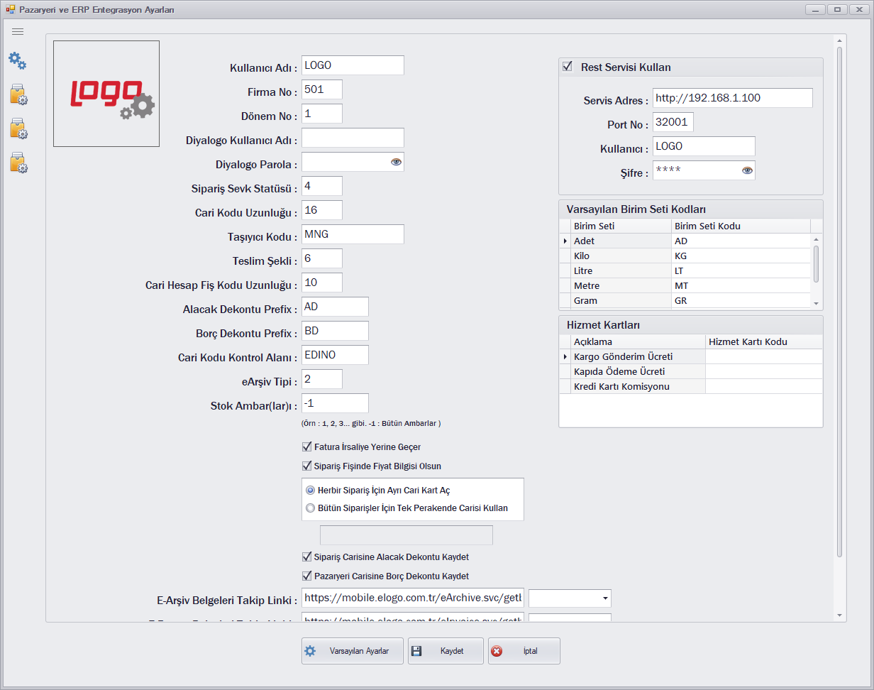 QuickTools LOGO ERP ayarları ekranı