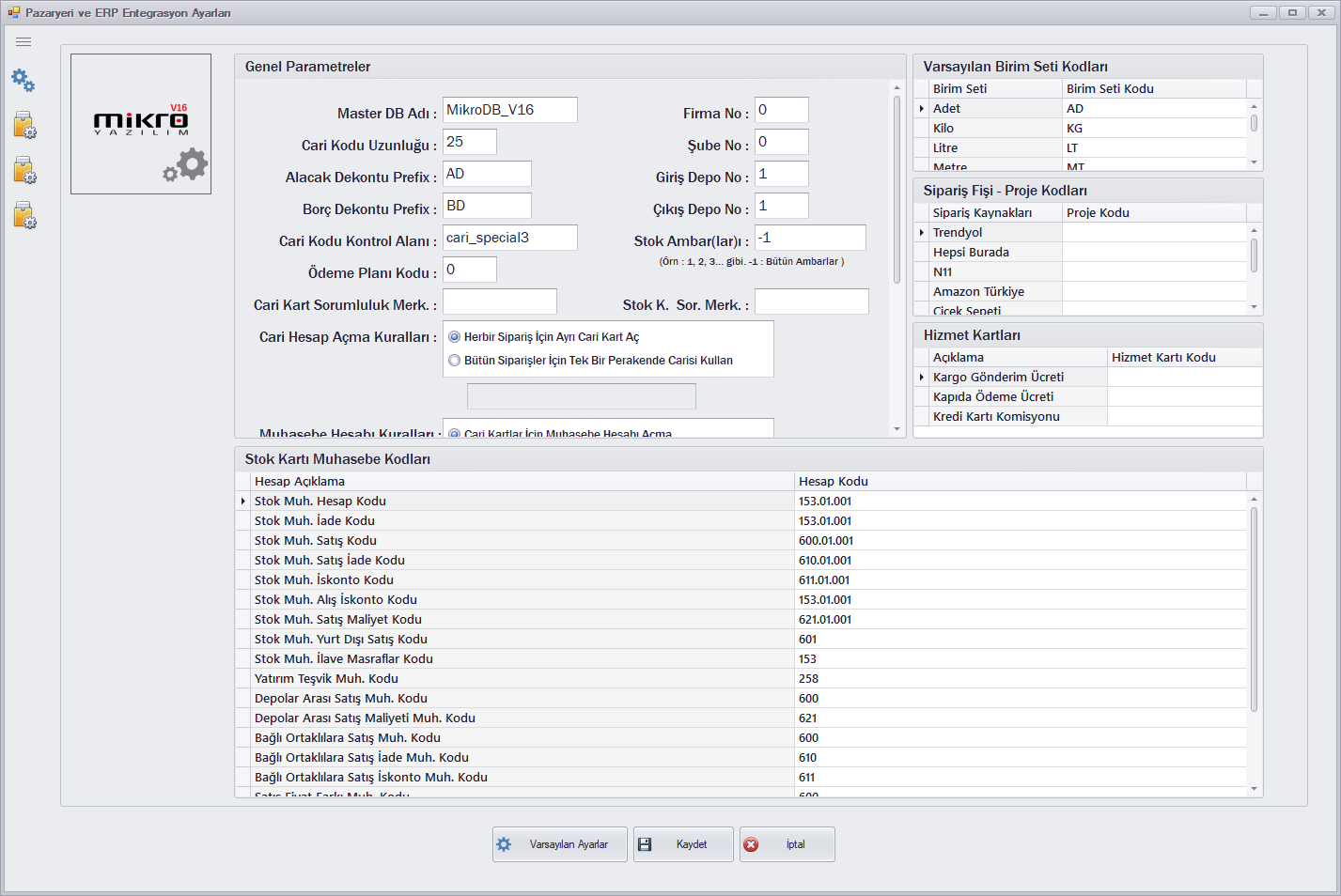 QuickTools Mikro ERP ayarları ekranı