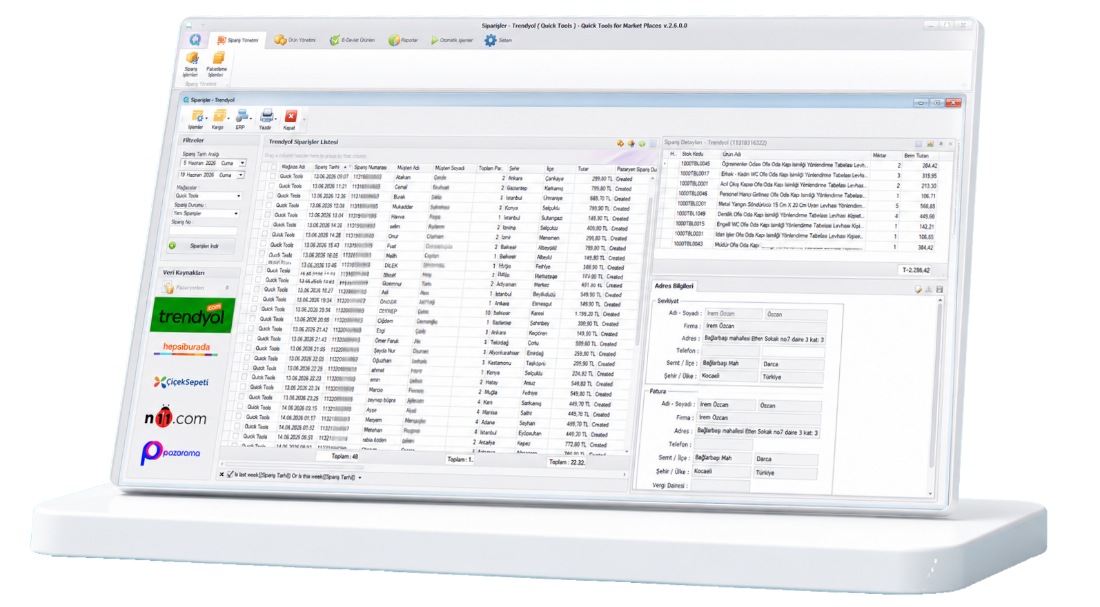 QuickTools Pazaryeri Entegrasyonu siparişler ekranı