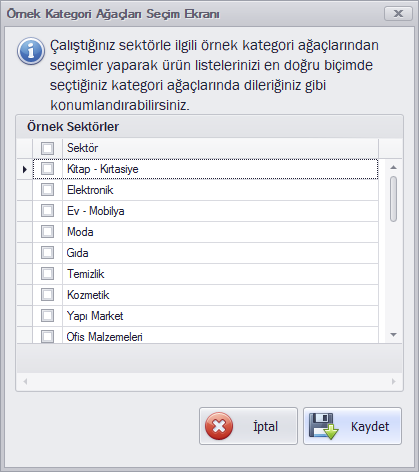 QuickTools örnek kategori ağacı şablonları seçim ekranı