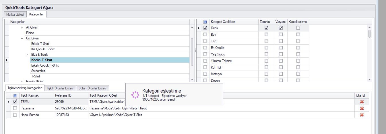 QuickTools otomatik kategori eşleştirme ilerleme ekranı
