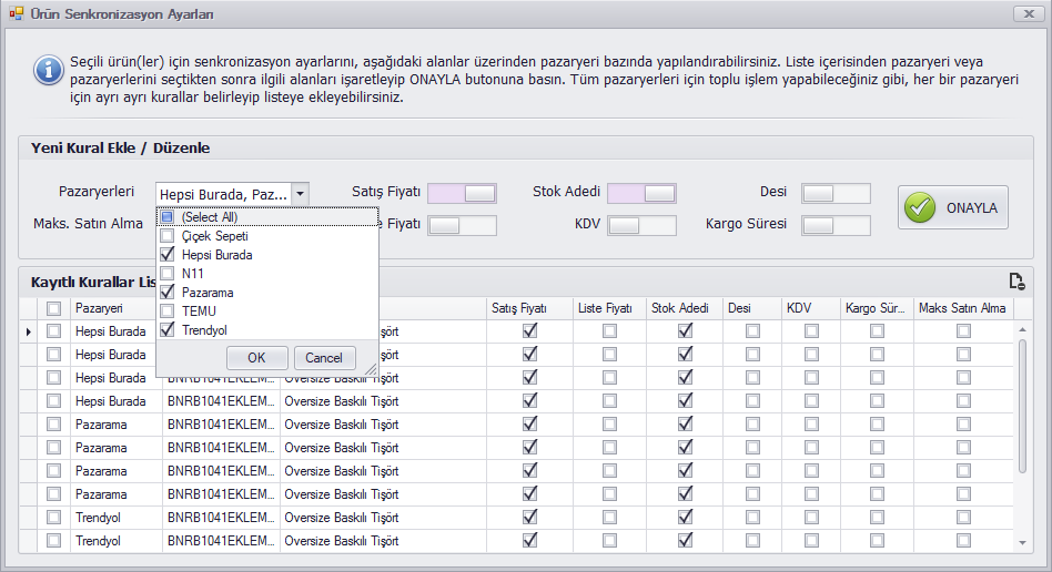 QuickTools ürün senkronizasyon ayarları ekranı