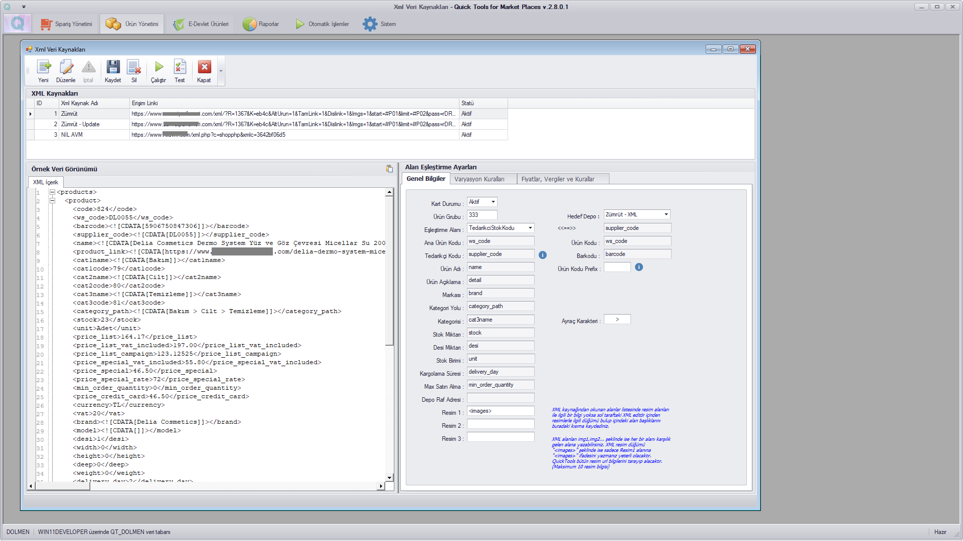 QuickTools XML kaynakları ve alan eşleştirme ekranı